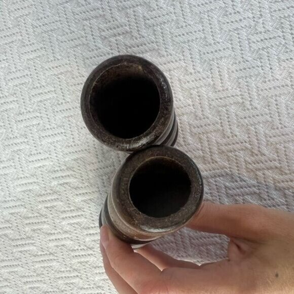 Vintage Carved Handmade Wooden Pair Two 2 MCM Boho Candle Holders Brown Retro - Picture 8 of 10